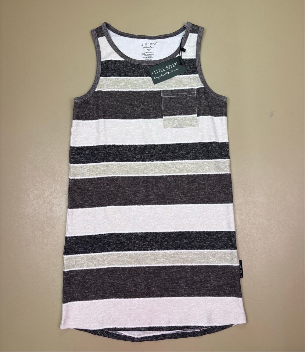 Little Bipsy Girls 7-8Y Striped Tank Dress Pocket Gray White NWT